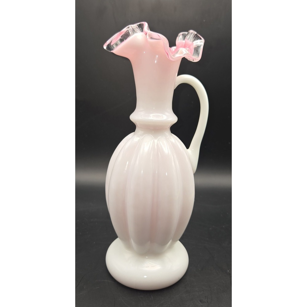 Vintage Fenton Vase. White Milk Glass Peach Crest Melon (Pink) Pitcher 9.5" Tall